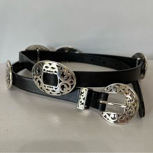 Vtg Brighton Black Leather Silver Concho Belt